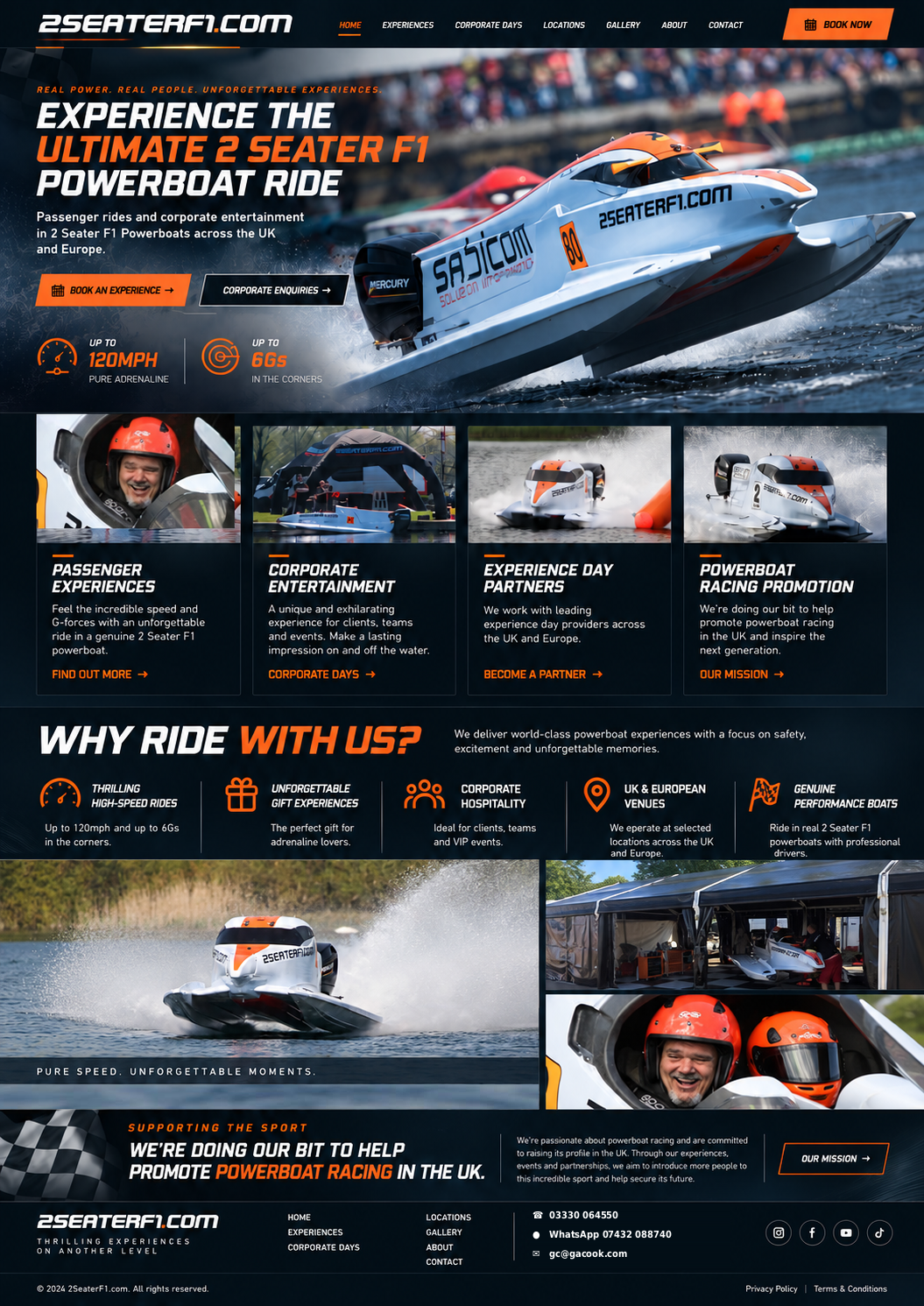 2SeaterF1 powerboat experience homepage featuring genuine racing boats, passenger rides, corporate days and racing promotion